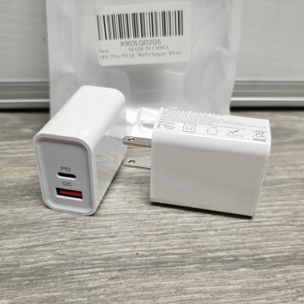 2 Pack Dual Port USB C PD & USB A QC 3.0 Wall Charger Block White BP2212-PD+QC